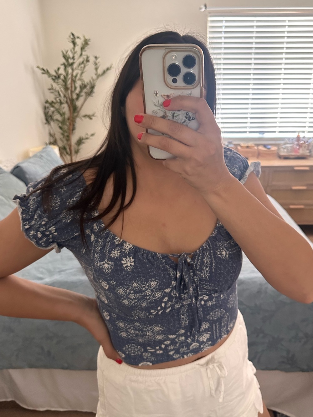 SO Blue Floral Tie-Front Crop Top